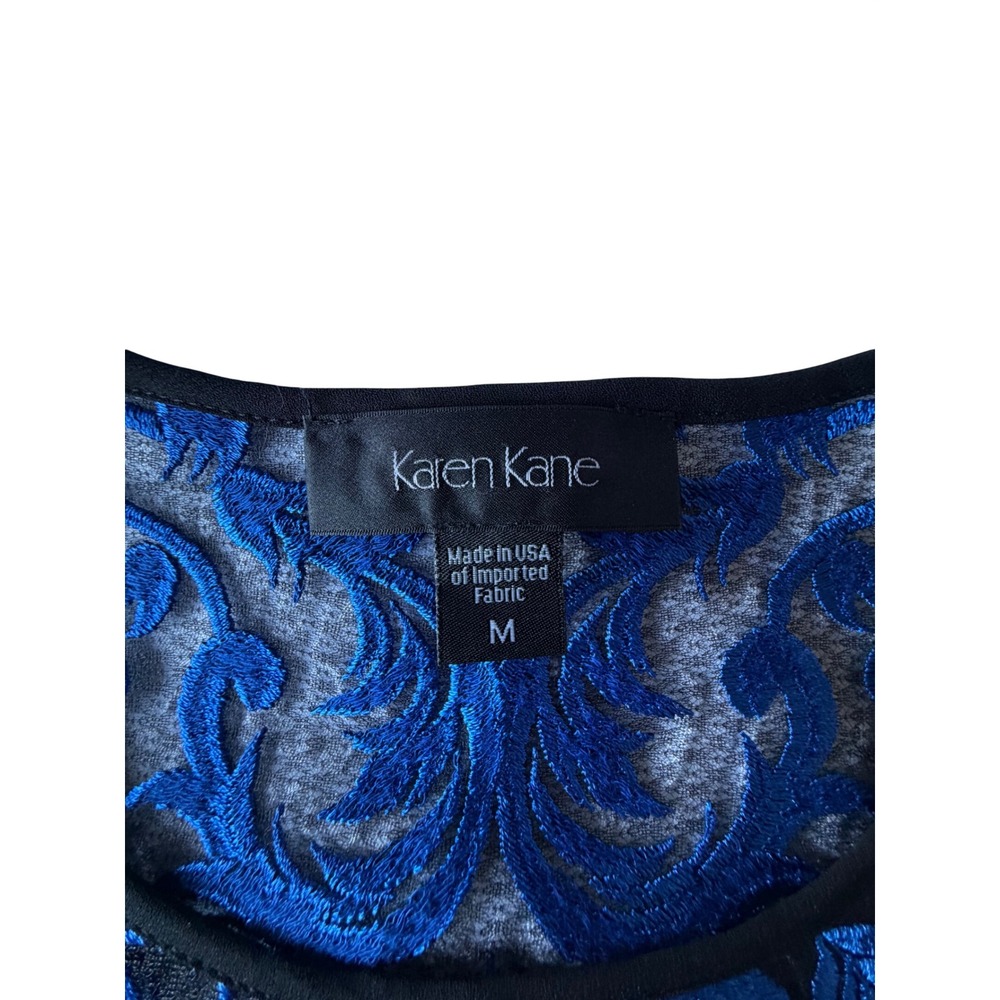 Karen‎ Kane Womens Blue Black Embroidered Sheer Mesh Blouse Short Sleeve Medium - Picture 3 of 7